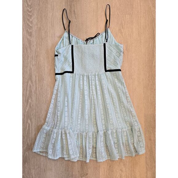 Urban Outfitters Blue Lace Mini Dress M Black Trim Ruffle Hem - Picture 2 of 4